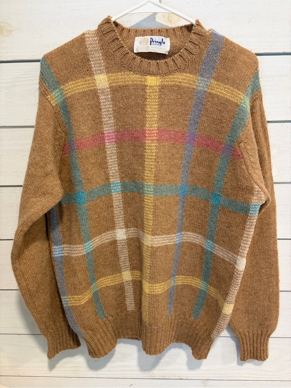 VTG Pringle of Scotland Wool Plaid Crewneck Sweater Camel 100% wool size M excel